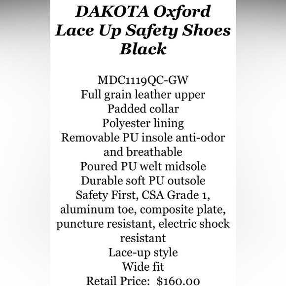 Dakota Oxford Lace Up Black Leather Safety Shoes / Boots Size 12W - Picture 15 of 15